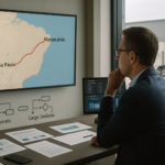 Gestor logístico analisando mapa da rota São Paulo-Maranhão em sala de planejamento com documentos e gráficos, simbolizando decisão entre frete fracionado e carga dedicada para transporte seguro e eficiente.