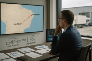 Gestor logístico analisando mapa da rota São Paulo-Maranhão em sala de planejamento com documentos e gráficos, simbolizando decisão entre frete fracionado e carga dedicada para transporte seguro e eficiente.
