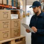 Pallet com caixas de eletroportáteis embaladas corretamente em centro de distribuição, com profissional conferindo checklist ao lado, ilustrando cuidados na embalagem, empilhamento e manuseio para evitar avarias no transporte.