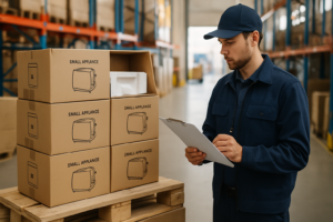 Pallet com caixas de eletroportáteis embaladas corretamente em centro de distribuição, com profissional conferindo checklist ao lado, ilustrando cuidados na embalagem, empilhamento e manuseio para evitar avarias no transporte.