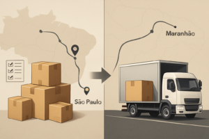Ilustração editorial mostrando comparação entre carga fracionada e carga dedicada com mapa do corredor São Paulo-Maranhão, destacando fluxo logístico, planejamento e decisão operacional.