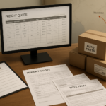 Mesa de trabalho com checklist de cotação de frete para autopeças, documentos organizados, caixas de peças e tela de computador mostrando planilha de cotação, com mapa de rota São Paulo a Maranhão ao fundo.