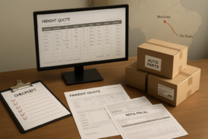 Mesa de trabalho com checklist de cotação de frete para autopeças, documentos organizados, caixas de peças e tela de computador mostrando planilha de cotação, com mapa de rota São Paulo a Maranhão ao fundo.