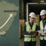 Imagem editorial mostrando mapa estilizado com pontos de coleta em São Paulo conectados por rota para Maranhão, operadores conferindo notas fiscais e carga em armazém, e caminhão carregado em ambiente real de logística.
