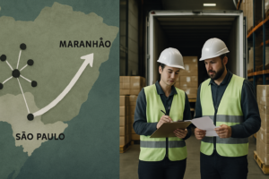 Imagem editorial mostrando mapa estilizado com pontos de coleta em São Paulo conectados por rota para Maranhão, operadores conferindo notas fiscais e carga em armazém, e caminhão carregado em ambiente real de logística.