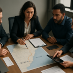 Mesa de operação logística com mapa da rota São Paulo-Maranhão, documentos fiscais e checklists, pessoas profissionais analisando dados e tomando decisões para escolha de transportadora para carga fechada.