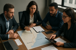 Mesa de operação logística com mapa da rota São Paulo-Maranhão, documentos fiscais e checklists, pessoas profissionais analisando dados e tomando decisões para escolha de transportadora para carga fechada.