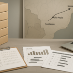 Mesa de trabalho vista de cima com caixas de cosméticos, documentos de cotação, planilhas com gráficos e checklist, e mapa estilizado da rota São Paulo Maranhão, em ambiente limpo e organizado de centro de distribuição