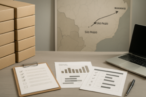 Mesa de trabalho vista de cima com caixas de cosméticos, documentos de cotação, planilhas com gráficos e checklist, e mapa estilizado da rota São Paulo Maranhão, em ambiente limpo e organizado de centro de distribuição