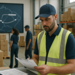 Operador conferindo checklist em centro de distribuição com caixas, rolos e pallets organizados, ao fundo mapa da rota São Paulo para Maranhão indicando fluxo logístico.