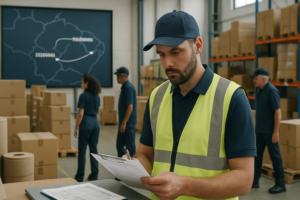 Operador conferindo checklist em centro de distribuição com caixas, rolos e pallets organizados, ao fundo mapa da rota São Paulo para Maranhão indicando fluxo logístico.