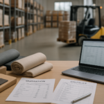 Mesa de trabalho com documentos de cotação, checklist impresso, amostras de carga têxtil em caixas e rolos, laptop com planilha aberta, e ao fundo armazém logístico com pallets organizados e empilhadeira em operação