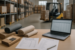 Mesa de trabalho com documentos de cotação, checklist impresso, amostras de carga têxtil em caixas e rolos, laptop com planilha aberta, e ao fundo armazém logístico com pallets organizados e empilhadeira em operação