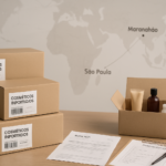 Mesa de conferência logística com caixas etiquetadas, documentos fiscais e checklist, com mapa estilizado da rota São Paulo a Maranhão ao fundo, representando planejamento e organização para cotação de frete de cosméticos importados.