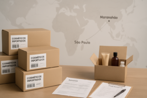 Mesa de conferência logística com caixas etiquetadas, documentos fiscais e checklist, com mapa estilizado da rota São Paulo a Maranhão ao fundo, representando planejamento e organização para cotação de frete de cosméticos importados.