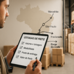 Imagem editorial mostrando checklist digital para cotação de frete, mapa estilizado da rota São Paulo a Maranhão e carga organizada em pallets dentro de armazém, representando planejamento e decisão logística para distribuidora de eletroportáteis