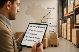 Imagem editorial mostrando checklist digital para cotação de frete, mapa estilizado da rota São Paulo a Maranhão e carga organizada em pallets dentro de armazém, representando planejamento e decisão logística para distribuidora de eletroportáteis