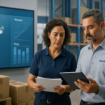 Profissionais conferindo documentos e tablets em centro de distribuição moderno, com painel digital mostrando rota entre São Paulo e Maranhão e cargas organizadas em pallets etiquetados, ilustrando planejamento e controle na distribuição de coleção importada.
