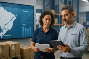 Profissionais conferindo documentos e tablets em centro de distribuição moderno, com painel digital mostrando rota entre São Paulo e Maranhão e cargas organizadas em pallets etiquetados, ilustrando planejamento e controle na distribuição de coleção importada.