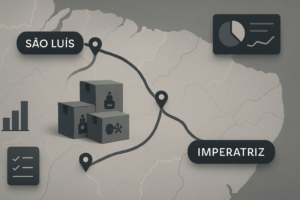 Mapa estilizado mostrando rotas logísticas entre São Luís e Imperatriz com ícones representando carga de cosméticos e elementos de planejamento operacional, em estilo editorial profissional.