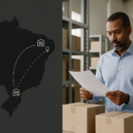 Mapa estilizado do Brasil destacando a rota logística de São Paulo para o Nordeste, com profissionais conferindo documentos e cargas embaladas de cosméticos em ambiente de armazém organizado.