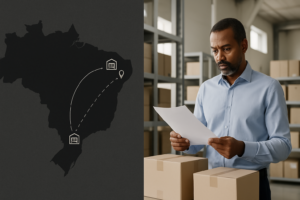 Mapa estilizado do Brasil destacando a rota logística de São Paulo para o Nordeste, com profissionais conferindo documentos e cargas embaladas de cosméticos em ambiente de armazém organizado.