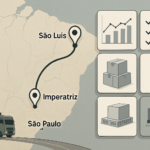Mapa estilizado das rotas logísticas entre São Paulo, São Luís e Imperatriz com elementos gráficos que representam planejamento de frequência, lotes e cubagem para distribuição de eletroportáteis.