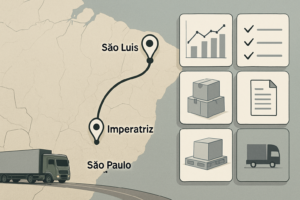 Mapa estilizado das rotas logísticas entre São Paulo, São Luís e Imperatriz com elementos gráficos que representam planejamento de frequência, lotes e cubagem para distribuição de eletroportáteis.