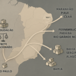 Mapa estilizado da rota logística de São Paulo para o Nordeste com símbolos que indicam consolidação de cargas e decisão entre frete fracionado e carga dedicada, representando planejamento e operação eficiente de distribuição de eletroportáteis importados.