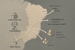 Mapa estilizado da rota logística de São Paulo para o Nordeste com símbolos que indicam consolidação de cargas e decisão entre frete fracionado e carga dedicada, representando planejamento e operação eficiente de distribuição de eletroportáteis importados.