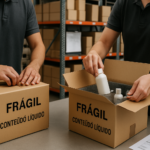 Operação de embalagem de cosméticos em centro de distribuição, com caixas sinalizadas como frágeis e contendo líquidos, protegidas por materiais internos como espumas e separadores, ilustrando cuidado e segurança no transporte.