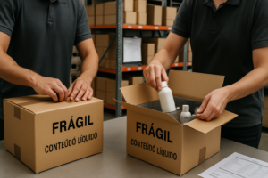 Operação de embalagem de cosméticos em centro de distribuição, com caixas sinalizadas como frágeis e contendo líquidos, protegidas por materiais internos como espumas e separadores, ilustrando cuidado e segurança no transporte.
