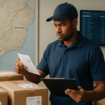 Operador logístico conferindo documentos e caixas etiquetadas em centro de distribuição, com mapa da rota São Paulo-Maranhão ao fundo e dispositivos digitais de rastreamento visíveis, ilustrando planejamento e operação segura de entrega fracionada.
