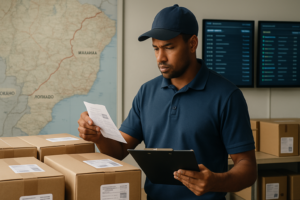 Operador logístico conferindo documentos e caixas etiquetadas em centro de distribuição, com mapa da rota São Paulo-Maranhão ao fundo e dispositivos digitais de rastreamento visíveis, ilustrando planejamento e operação segura de entrega fracionada.