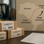 Imagem editorial mostrando caixas de cosméticos embaladas, documento de conferência e mapa da rota São Paulo-Maranhão, ilustrando o controle e cálculo do frete para preservar margem em produtos de baixo ticket.
