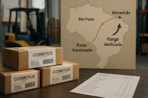 Imagem editorial mostrando caixas de cosméticos embaladas, documento de conferência e mapa da rota São Paulo-Maranhão, ilustrando o controle e cálculo do frete para preservar margem em produtos de baixo ticket.
