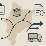 Mapa estilizado do interior do Maranhão com rotas logísticas destacadas e pontos de entrega, ilustrando planejamento e decisão operacional no frete de cosméticos.