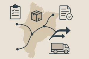 Mapa estilizado do interior do Maranhão com rotas logísticas destacadas e pontos de entrega, ilustrando planejamento e decisão operacional no frete de cosméticos.