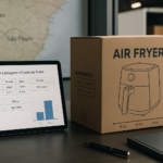 Mesa de trabalho com tablet mostrando cálculo de cubagem e frete, embalagem de eletroportátil ao lado, mapa parcial da rota São Paulo Maranhão ao fundo e operação logística com caminhão sendo carregado em depósito.