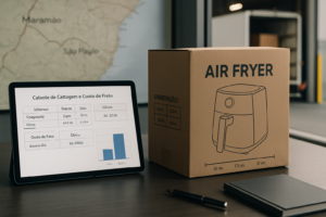 Mesa de trabalho com tablet mostrando cálculo de cubagem e frete, embalagem de eletroportátil ao lado, mapa parcial da rota São Paulo Maranhão ao fundo e operação logística com caminhão sendo carregado em depósito.