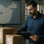 Profissional conferindo cargas embaladas cuidadosamente em centro de distribuição, com documentos e mapa da rota São Paulo Maranhão ao fundo, simbolizando planejamento e segurança no frete de eletroportáteis de alto valor.