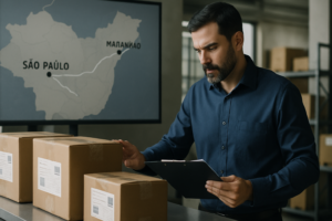 Profissional conferindo cargas embaladas cuidadosamente em centro de distribuição, com documentos e mapa da rota São Paulo Maranhão ao fundo, simbolizando planejamento e segurança no frete de eletroportáteis de alto valor.