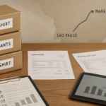 Mesa de trabalho com caixas pequenas de roupas etiquetadas, documentos fiscais organizados, checklist e mapa estilizado da rota São Paulo a Maranhão ao fundo, ilustrando planejamento e operação logística profissional.
