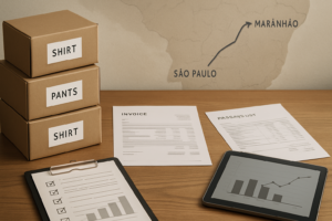 Mesa de trabalho com caixas pequenas de roupas etiquetadas, documentos fiscais organizados, checklist e mapa estilizado da rota São Paulo a Maranhão ao fundo, ilustrando planejamento e operação logística profissional.