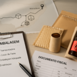 Mesa de trabalho com checklist, documentos fiscais e embalagens protetoras para perfumes importados, com mapa estilizado da rota São Paulo a Maranhão ao fundo, simbolizando planejamento e segurança no transporte de cargas de alto valor.