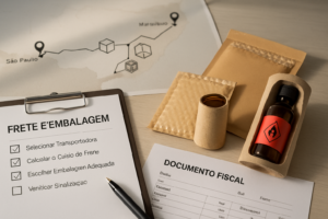 Mesa de trabalho com checklist, documentos fiscais e embalagens protetoras para perfumes importados, com mapa estilizado da rota São Paulo a Maranhão ao fundo, simbolizando planejamento e segurança no transporte de cargas de alto valor.