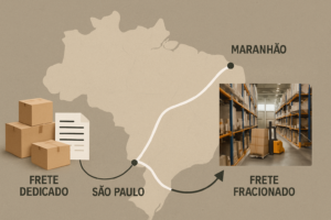 Imagem editorial mostrando mapa da rota São Paulo a Maranhão com bifurcação visual representando escolha entre frete dedicado e fracionado, destacando carga organizada, documentação e operação logística real.