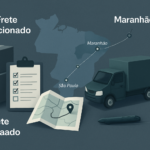 Imagem editorial mostrando comparação entre frete dedicado e fracionado para e-commerce, com mapa estilizado da rota São Paulo a Maranhão, ícones representando cargas consolidadas e veículo dedicado, e elementos visuais de planejamento e decisão logística.