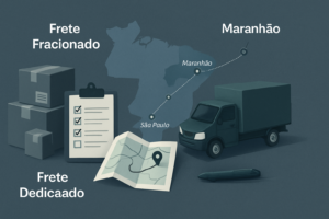 Imagem editorial mostrando comparação entre frete dedicado e fracionado para e-commerce, com mapa estilizado da rota São Paulo a Maranhão, ícones representando cargas consolidadas e veículo dedicado, e elementos visuais de planejamento e decisão logística.