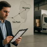 Gerente de logística analisando checklist de frete emergencial de autopeças com mapa da rota São Paulo Maranhão e veículo de transporte em pátio industrial ao fundo, simbolizando planejamento e urgência na operação.